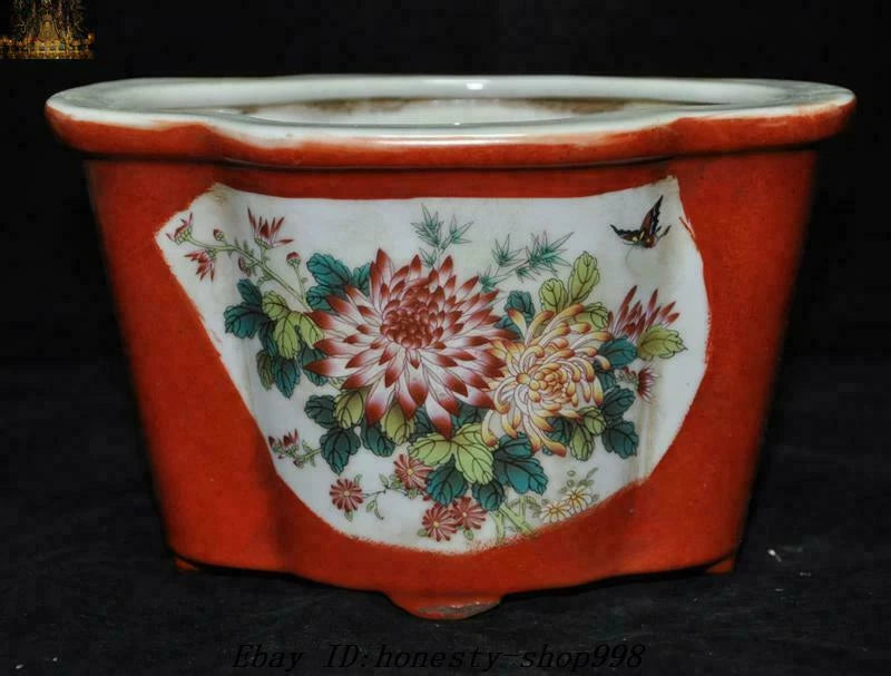 7" China Wucai porcelain peony flower butterfly Potted plants Bonsai flower pot Peony