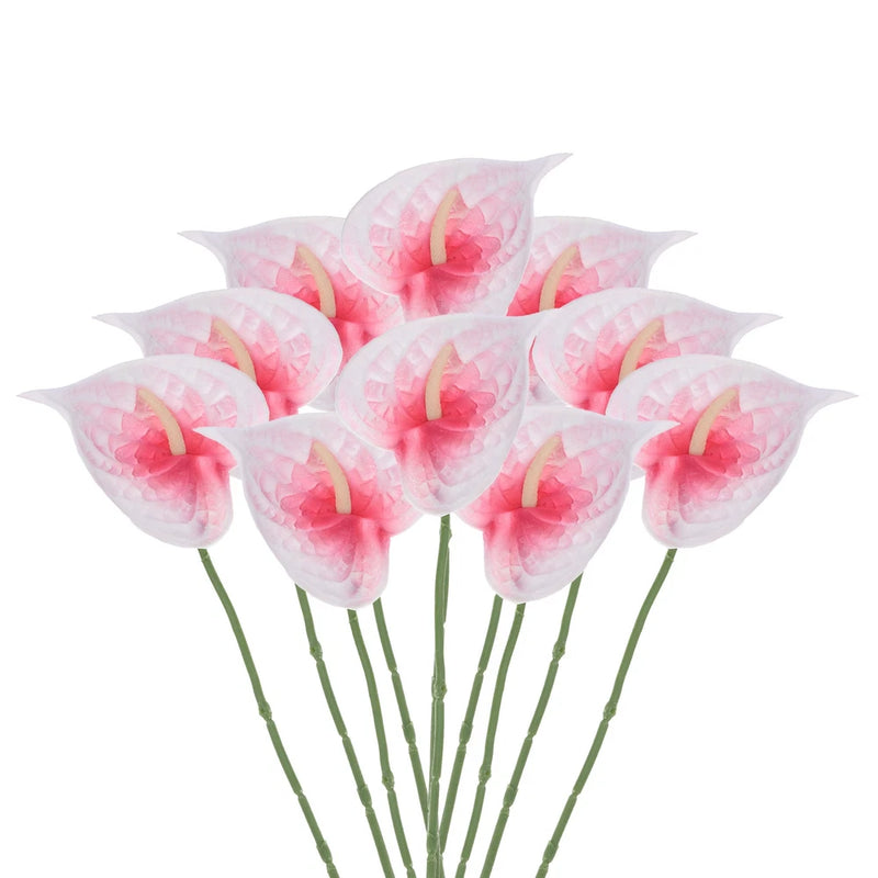 Artificial anthurium-style lily flowers bouquet, pink and white petals on green stems