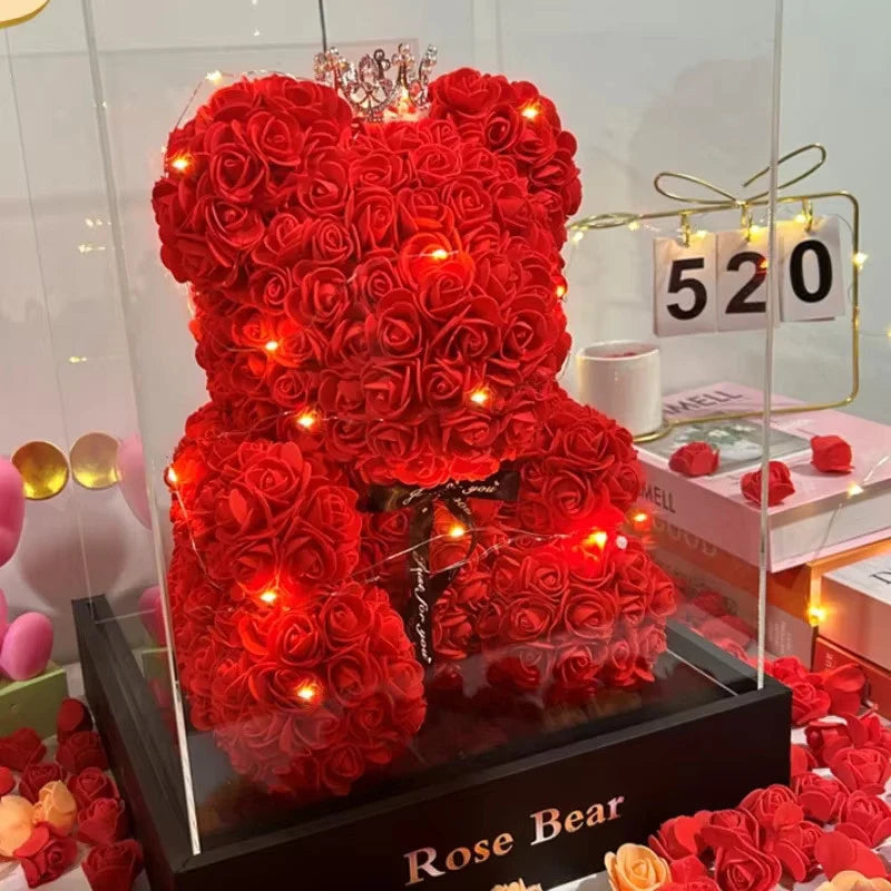 Red rose teddy bear with crown, glowing LED lights, boxed gift set