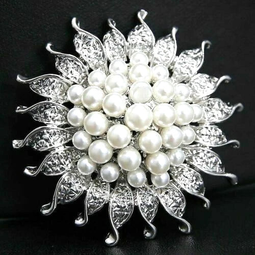 LOT OF 6)  pearls white faux SUNFLOWER brooches 2 x 2" BRIDAL WEDDING PARTY Sunflower