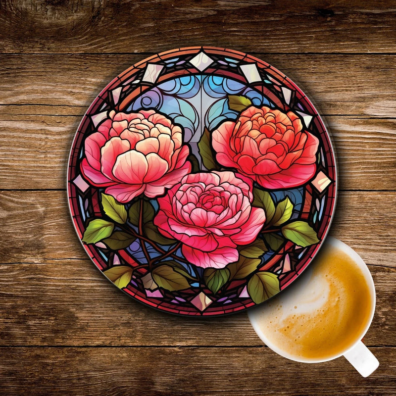 Ceramic round coaster with stained-glass peonies floral design
