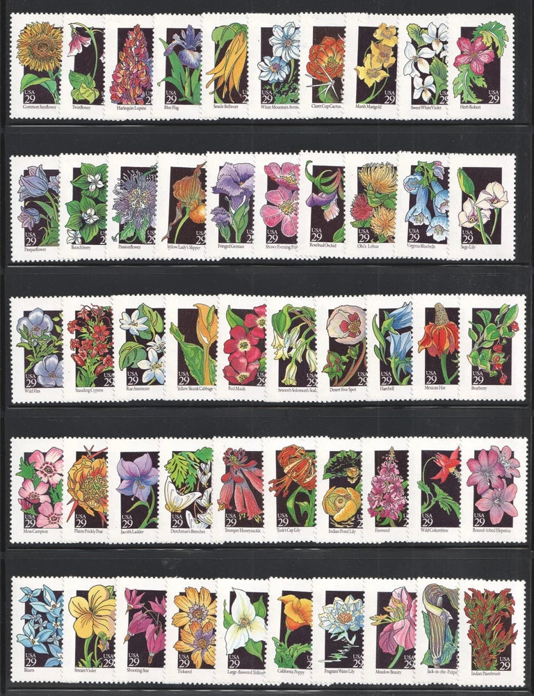 Set of 50 mint never-hinged wildflower stamps with colorful floral designs