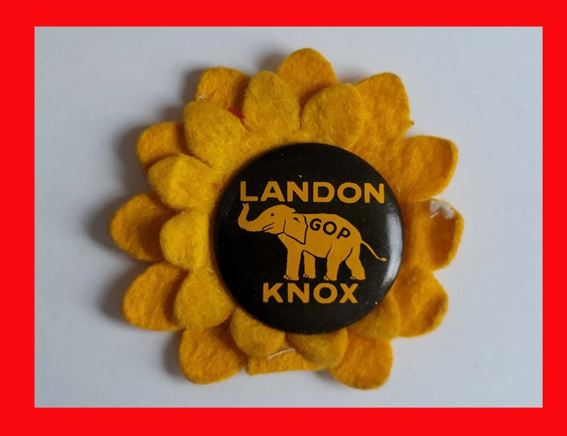 Felt sunflower pinback with black center button labeled Landon Knox GOP