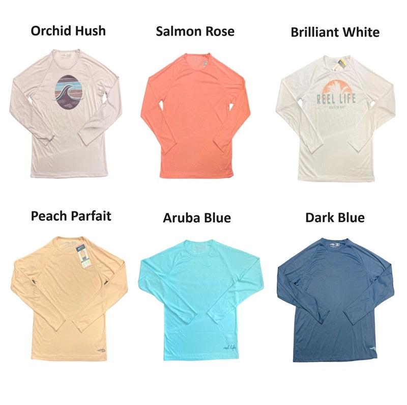 Women’s long-sleeve UV protective rash guard shirt, crew neck, multiple colors shown
