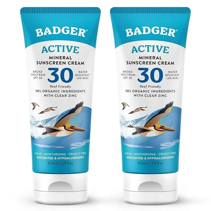 Badger Active Mineral Sunscreen Cream SPF 30 zinc oxide, 2 pack tubes
