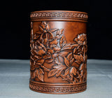 Collect old small leaf boxwood hand carven peony flower brush pot decoration Peony