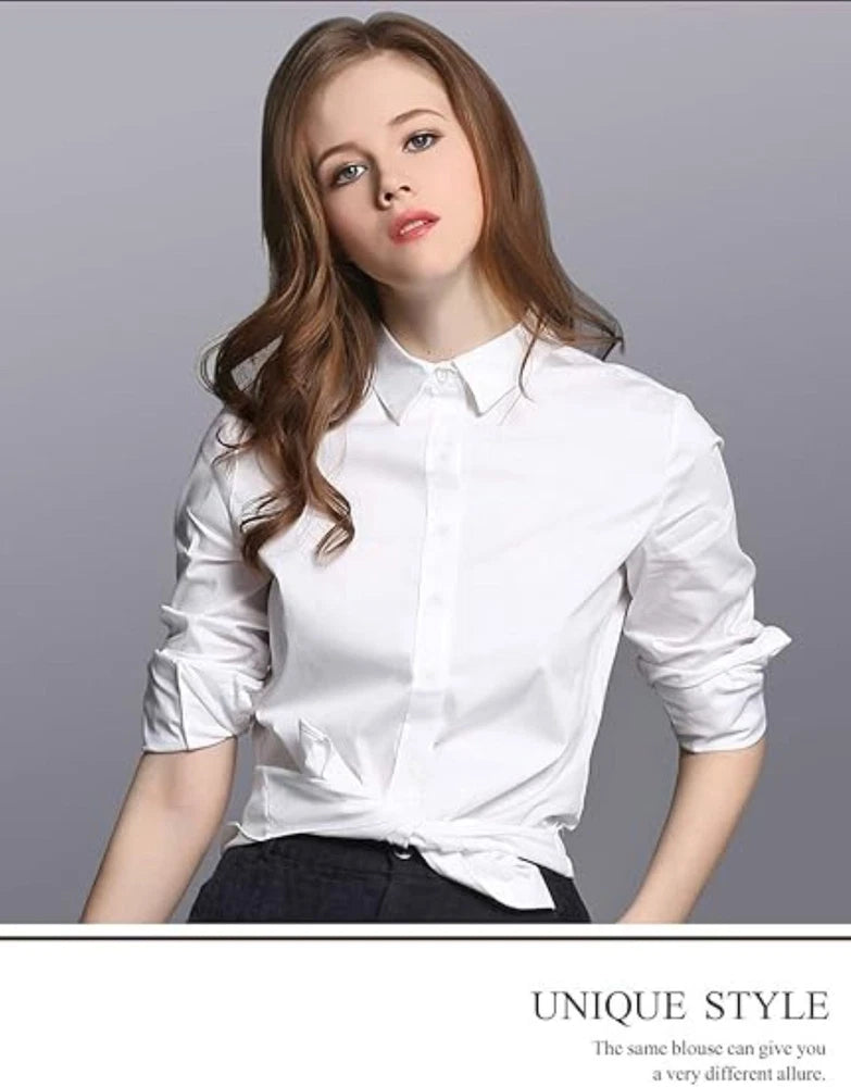 White long-sleeve button-down blouse with pointed collar and button front