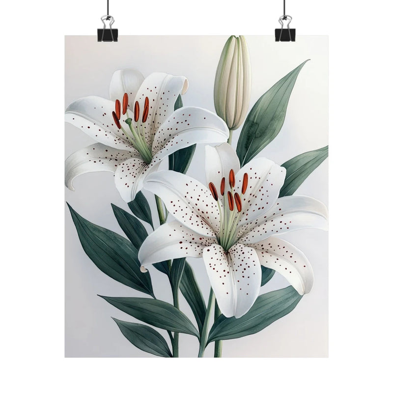 Floral lily art print poster with white blossoms, orange speckles, and green leaves