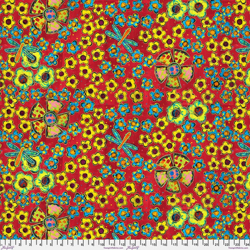 DRAGONFLY DANCE ~ FLOWER Field ~ Flowers Dots on Red ~ Sue Penn for Free Spirit Flowering Plants
