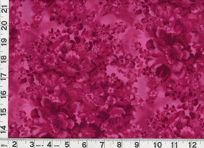 Burgundy rose floral quilt fabric, densely printed repeating pattern