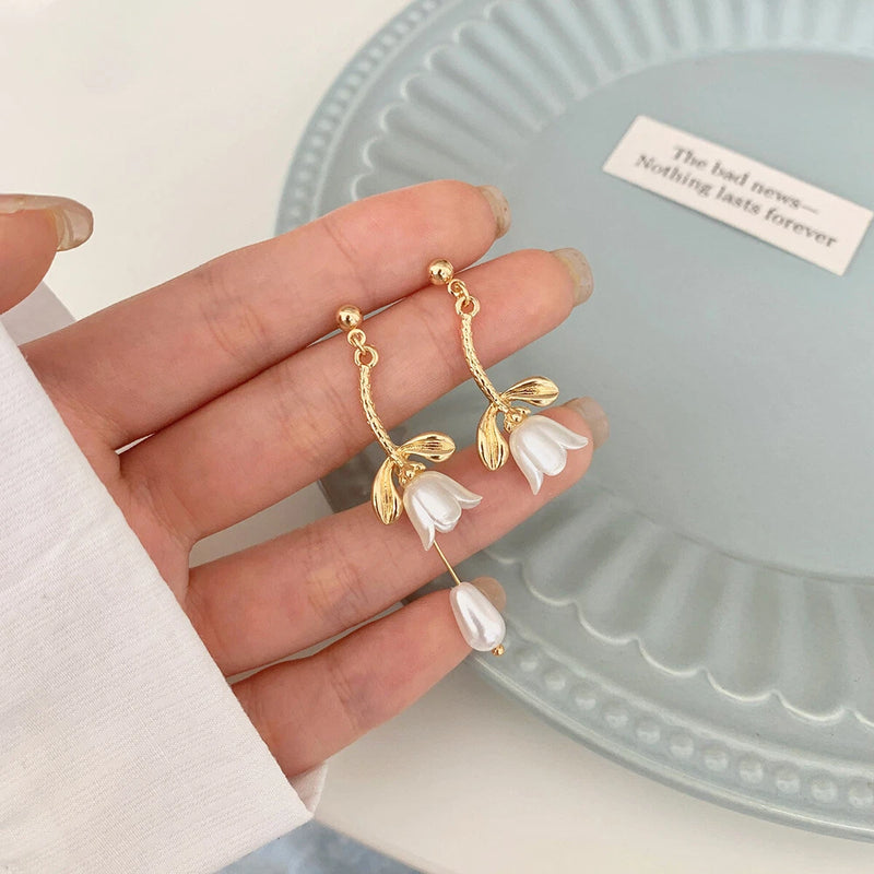 Lovely White Lily Of The Valley Flower Ear Stud Pearl Dangle Earrings Lily