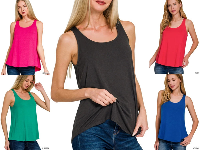 Womens sleeveless round-neck rayon tank top with wide straps and curved hem