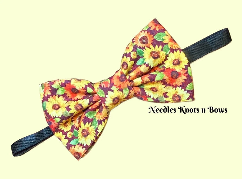 Floral sunflower print pre-tied bow tie with adjustable dark neck strap