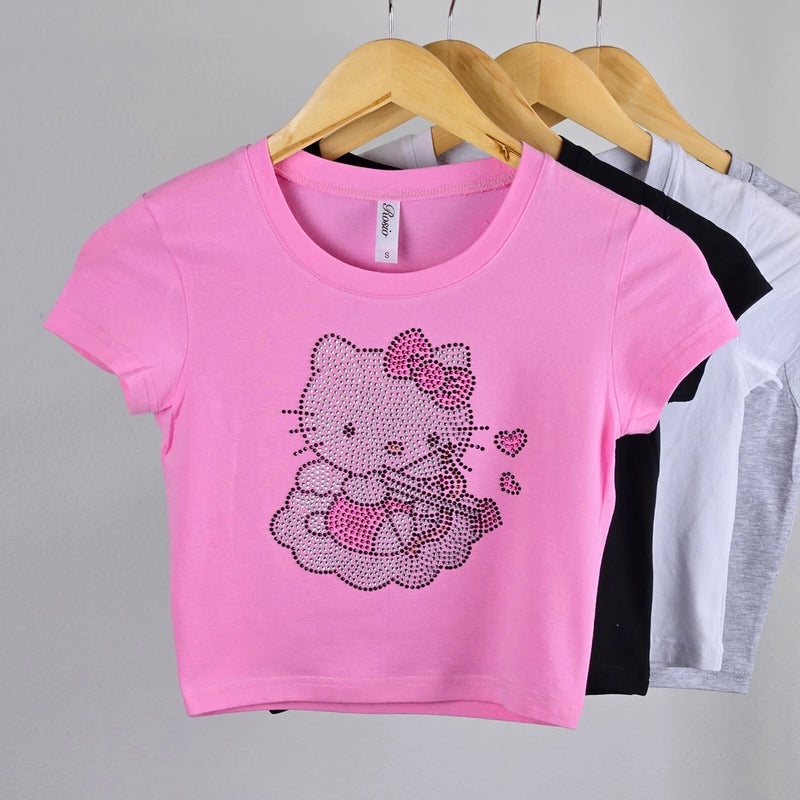Pink rhinestone cropped T-shirt with cat and heart graphic
