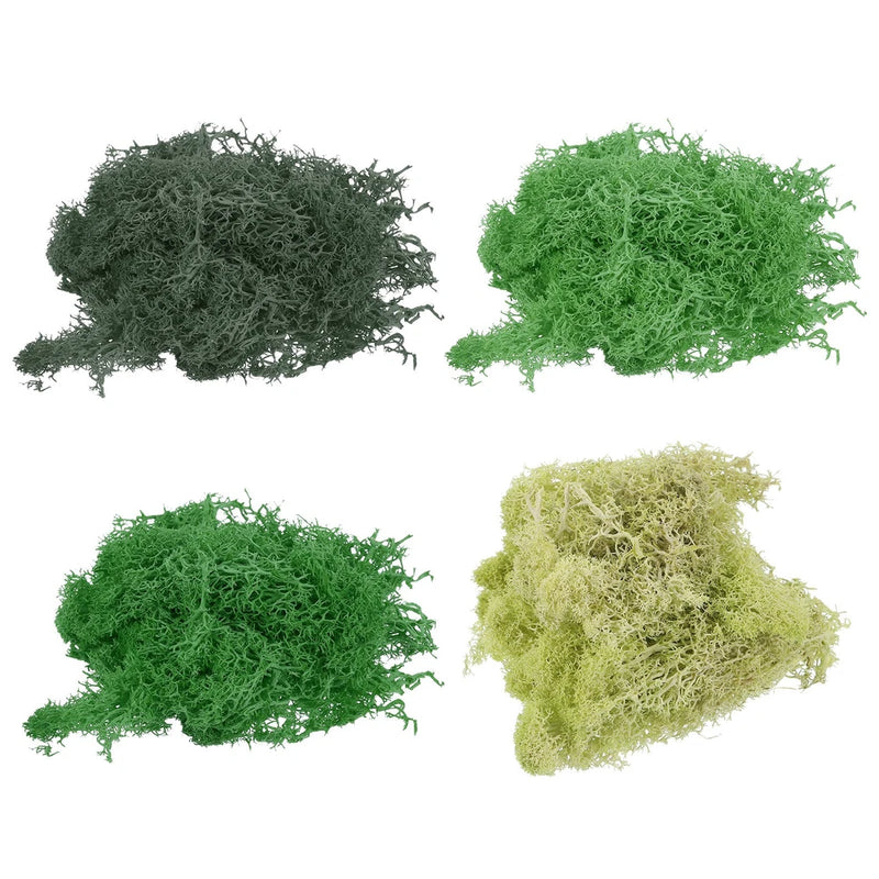 Set of fake reindeer moss bundles in dark green, bright green, and light colors.