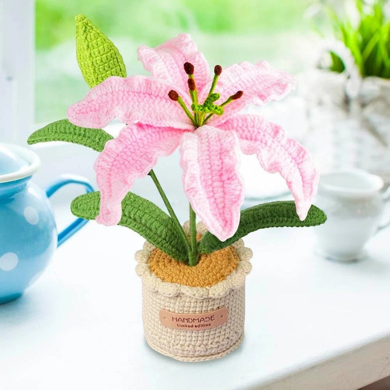 Crochet Lily Potted Plants Artificial Handmade Knitting Flowers for Birthday Green Plant