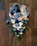 Dusty Blue Pink Sola Wood Cascade Bridal Bouquet Navy Blush Wedding Flowers Bouquet