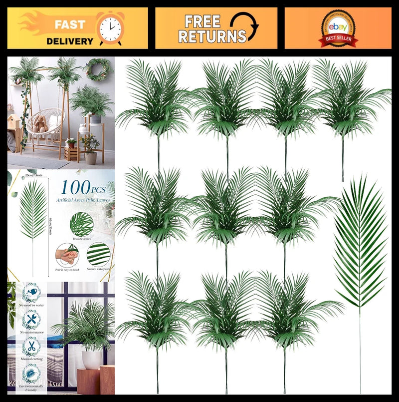 Green faux tropical palm leaves on thin stems for decoration