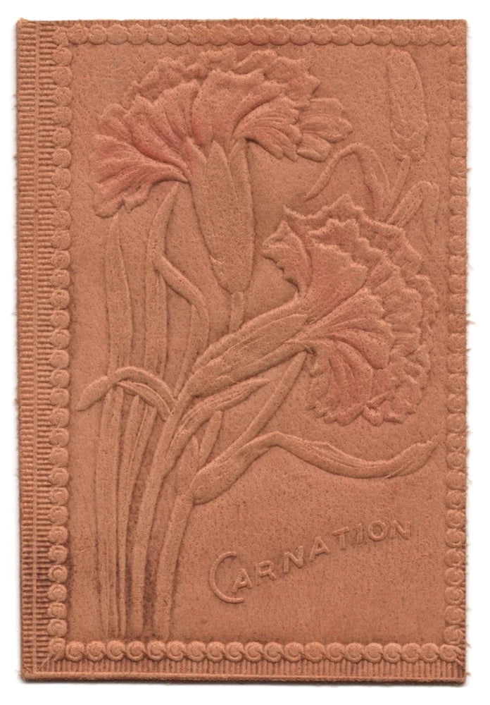 Embossed carnation flower tobacco leather card, rust-brown with floral relief and CARNATION text