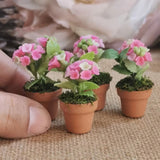 Set of 4 Pink Hydrangea In Pots Miniature Dollhouse Plants in Pots Decor Hydrangea