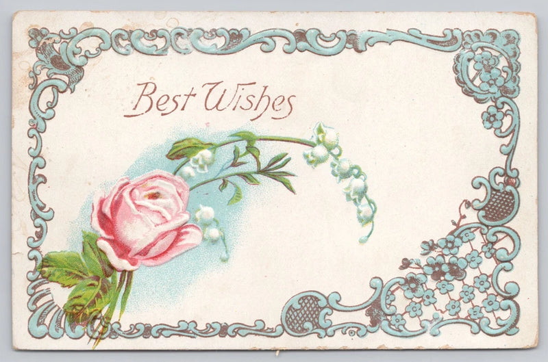 Vintage postcard with pink rose and lily of the valley, blue floral frame, 'Best Wishes'.