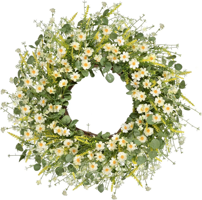 24 Inches Artificial Daisy Flower Wreath with Eucalyptus Leave Silk Flower White Daisies