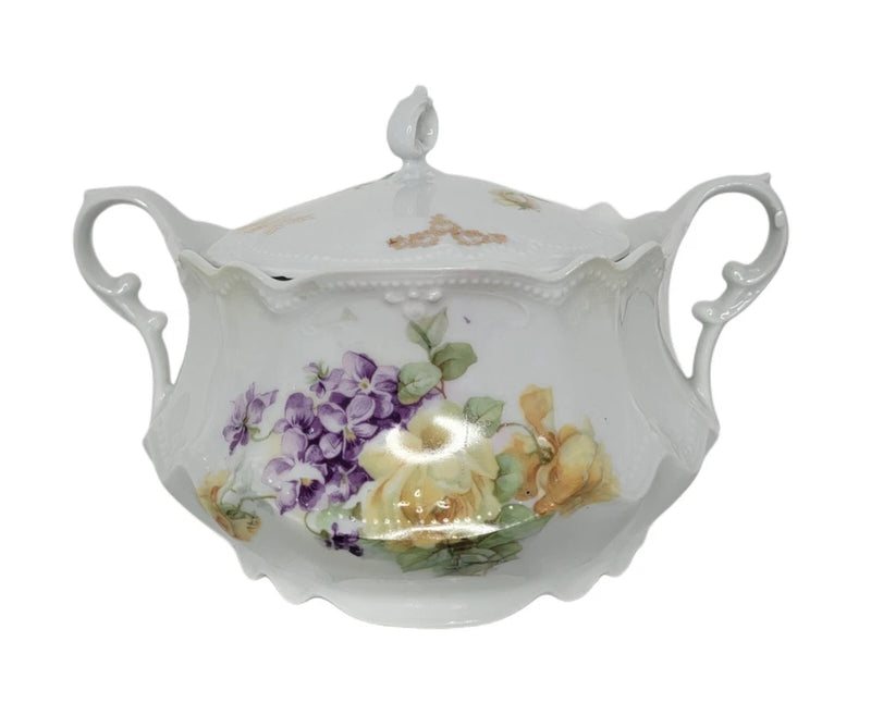 Antique Made In Germany  Covered Sugar Bowl/Dish Purple Pansies Hydrangea Hydrangea