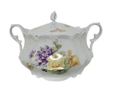 Antique Made In Germany  Covered Sugar Bowl/Dish Purple Pansies Hydrangea Hydrangea