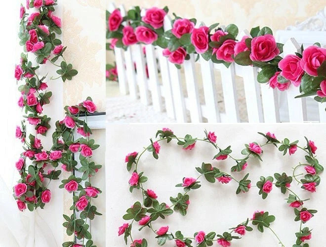 Artificial rose vine garland with small pink flowers and green leaves, wedding decoration