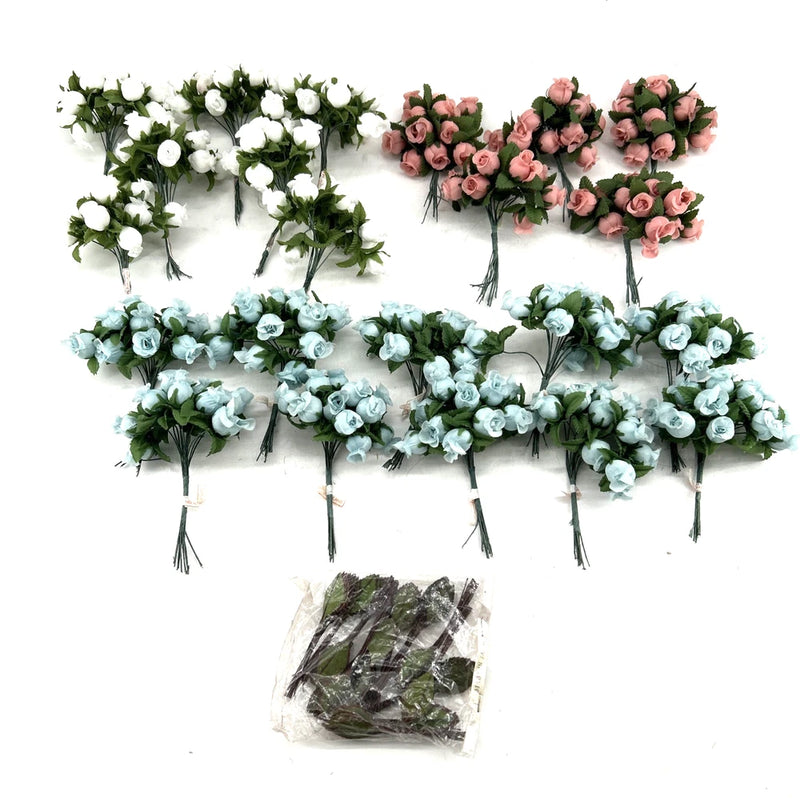 Assorted rose bud flower craft bouquets with wire stems, white, pink, and light blue