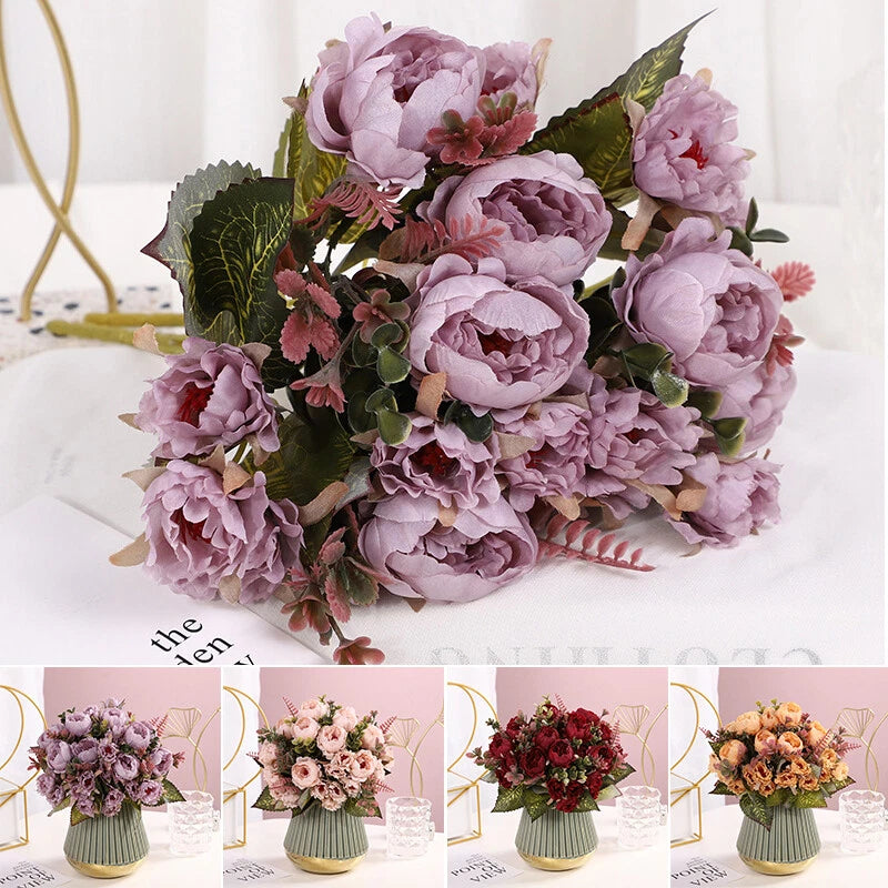 Artificial silk peony rose wedding bouquet with pink blossoms and green leaves