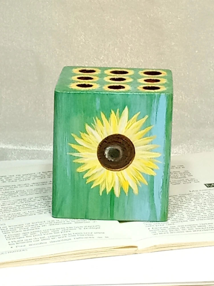 Hand-painted sunflower pen cup with light green square body and painted sunflower front