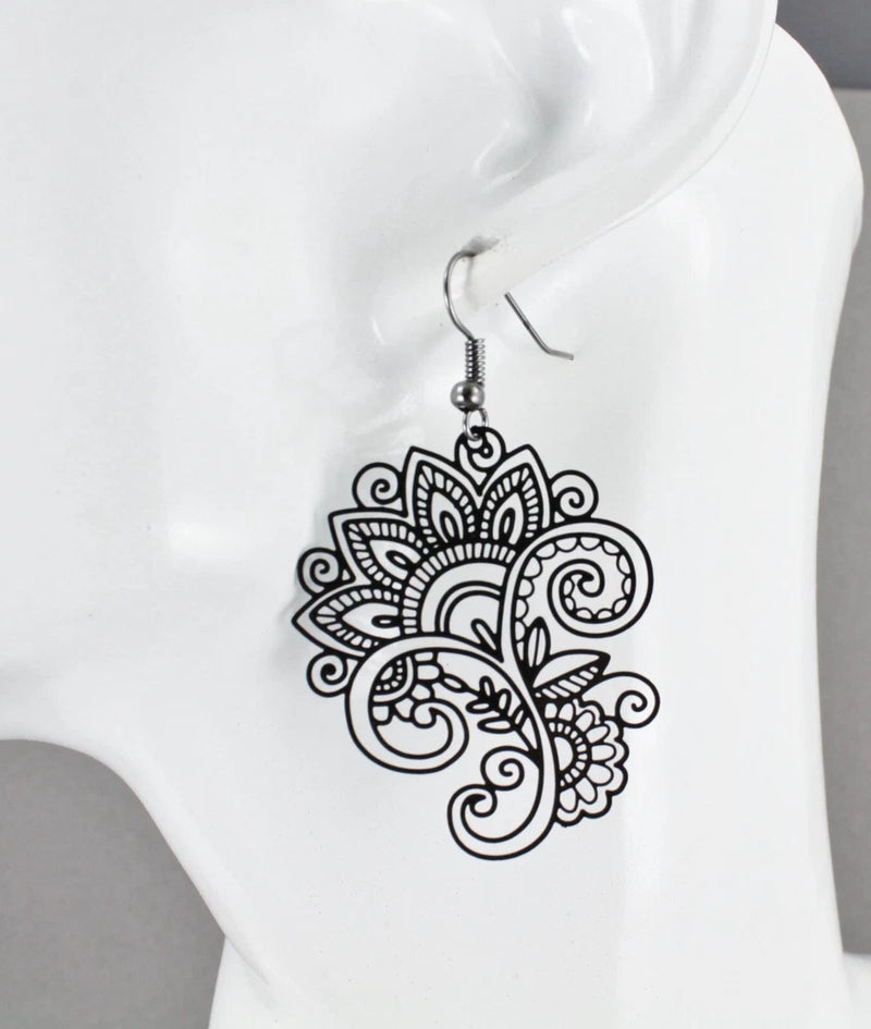 Black flower filigree cut-out drop earrings with hook backs, ornate lily design