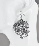 Black earrings flower cut out filigree 2 1/8" long very lightweight lily floral Lily