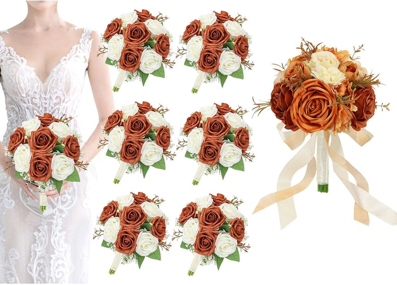 Burnt Orange Rose Bridal Bouquets Set of 7 for Fall Weddings & Events Bouquet