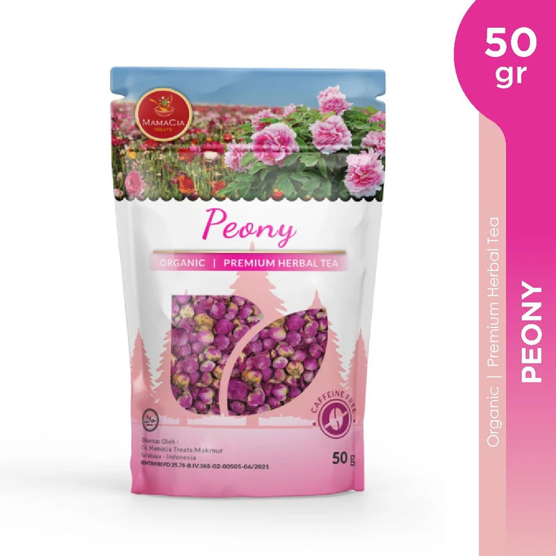 Organic peony dried flower buds herbal tea in standing pouch, 50 g, purple buds