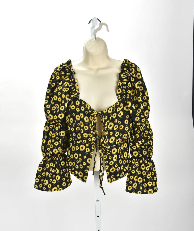 Love Sunflower Print Tie Front Blouse with Bubble Sleeves Size S Sunflower
