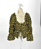 Love Sunflower Print Tie Front Blouse with Bubble Sleeves Size S Sunflower
