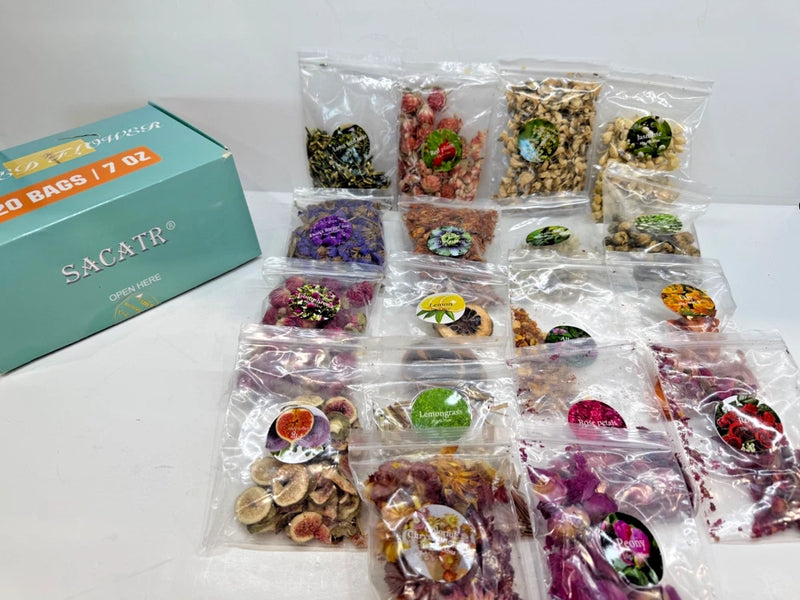 SACATR dried flower variety set with 18 small clear bags of natural assorted blooms