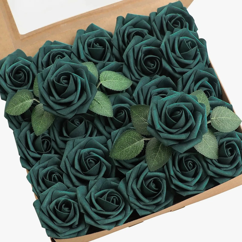 Dark teal foam roses with green leaves, artificial flower stems bunch in box