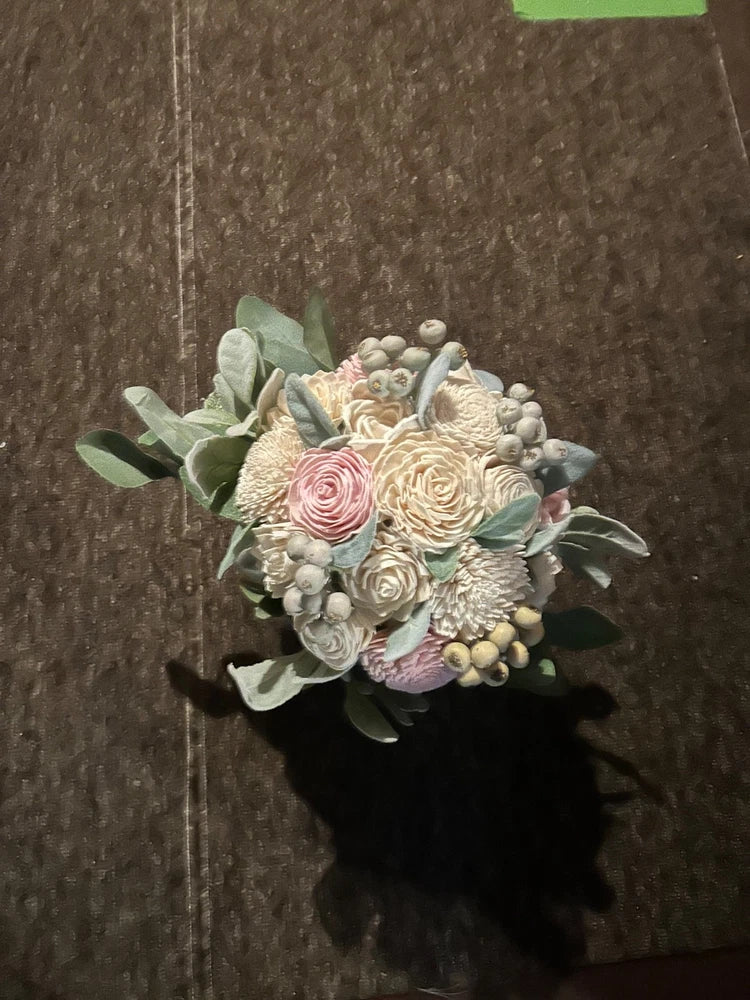 Off White Blush Pink w/greens Bouquet Artificial Sola Wood Wedding Flowers Bouquet