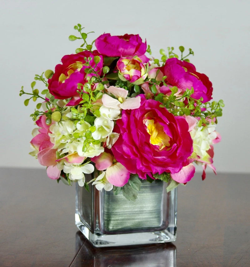 Silk Pink Ranunculus and Hydrangea Arrangement in Clear Glass Cube Ranunculus
