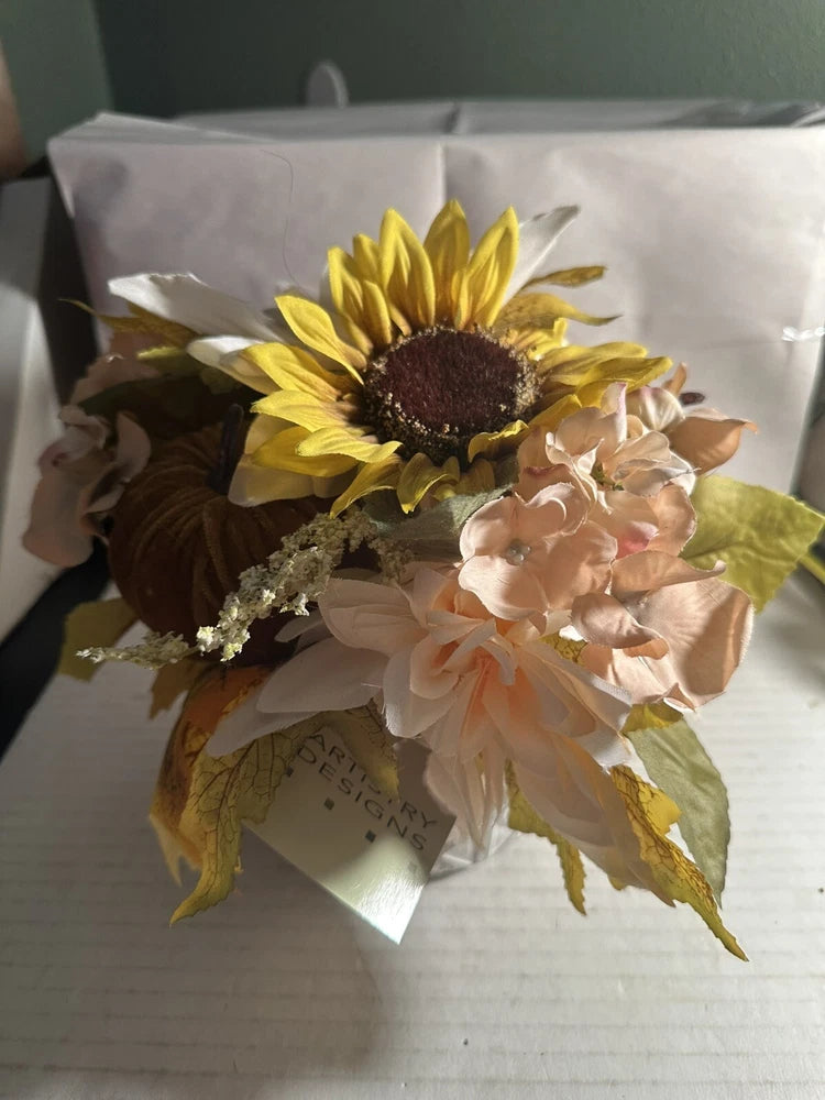 Artificial sunflower and fall floral arrangement in ceramic pot, yellow and cream blooms