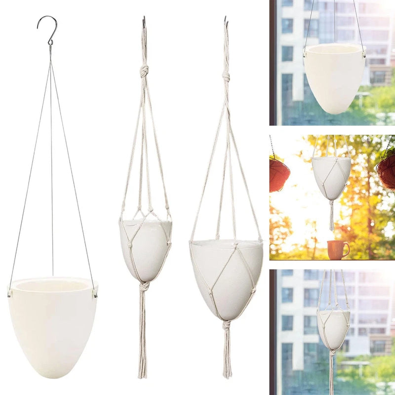 Eggshell hanging self-watering planter with macrame cord; multiple hanging pots
