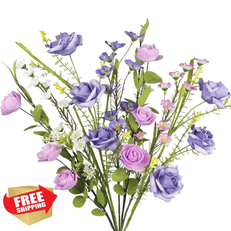 7-piece artificial wildflower bouquet with lilac and pink blooms and green leaves