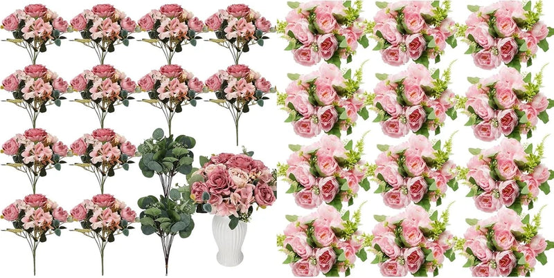 Artificial peony flower bundles with pink blooms and green leaves