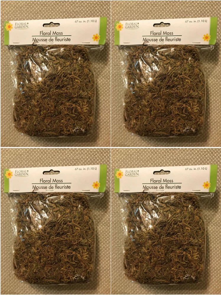 Dried floral moss in a sealed bag, dark olive-brown texture for arrangements