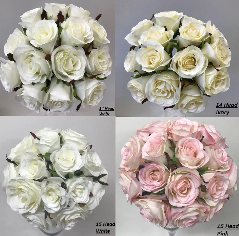 Pre-made wedding bouquet of artificial silk roses (white/ivory/pink)