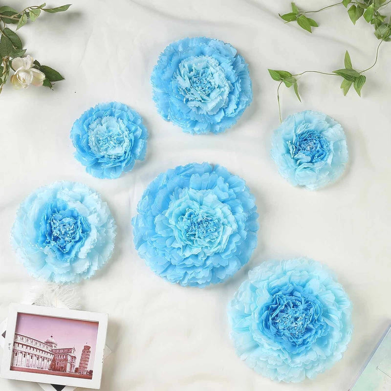 Aqua blue tissue paper carnation flowers, round ruffled blooms for decorations