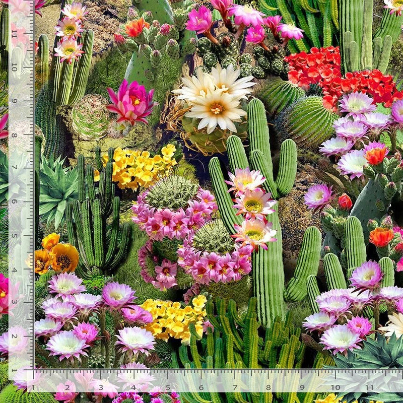 Southwest Fabric | Flowering Cactus Allover Green | Timeless Treasures YARD Flowering Plants